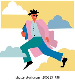 Running man, business man modern vector concept. Running man through the clouds to meet a dream. 