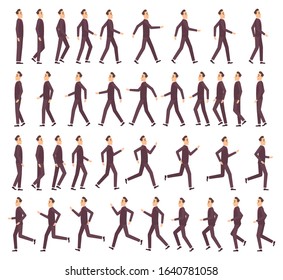 Running man. Businessman fast running keyframe animation 2d cartoon flat sprite for game profile side view vector character