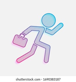 el hombre de la carrera con el caso. Logo coloreado con líneas diagonales y degradado azul-rojo. Gráfico neón, efecto ligero