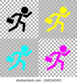 running man with case. Colored set of cmyk icons on transparent background
