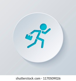 running man with case. Cut circle with gray and blue layers. Paper style