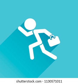 running man with case. Gray icon with long shadow in bottom left corner on blue background