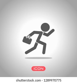 running man with case. Icon under spotlight. Gray background