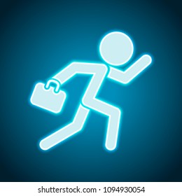 running man with case. Neon style. Light decoration icon. Bright electric symbol