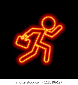 running man with case. Orange neon style on black background. Light icon