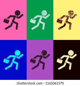 running man with case. Pop art style. Scratched icons on 6 colour backgrounds. Seamless pattern