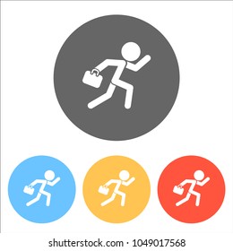 running man with case. Set of white icons on colored circles