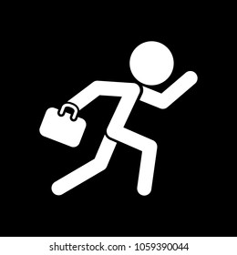 running man with case. White icon on black background. Inversion