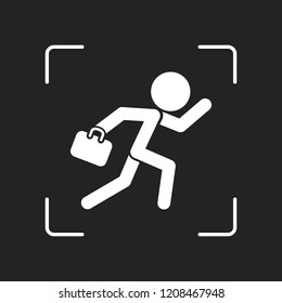 running man with case. White object in camera autofocus on dark background