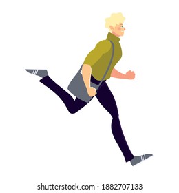 running man with casual clothes and handbag, side view vector illustration