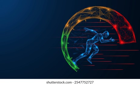 A running man in the center of the speedometer speed scale. Polygonal design of interconnected lines and dots.