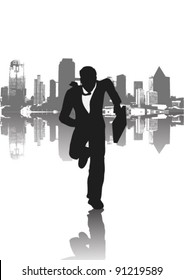 running man with city background and reflection