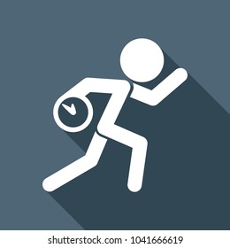 Running man with clock. Simple icon. To be late. An unpleasant situation. White flat icon with long shadow on background