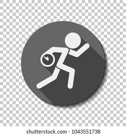Running man with clock. Simple icon. To be late. An unpleasant situation. White flat icon with long shadow in circle on transparent background