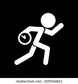 Running man with clock. Simple icon. To be late. An unpleasant situation. White icon on black background. Inversion