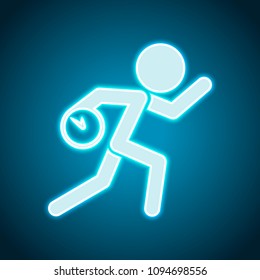 Running man with clock. Simple icon. To be late. An unpleasant situation. Neon style. Light decoration icon. Bright electric symbol