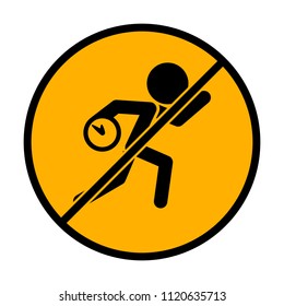 Running man with clock. Simple icon. To be late. An unpleasant situation. not allowed, black object in warning sign with orange background color