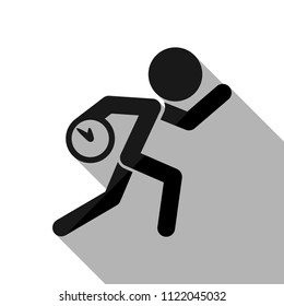 Running man with clock. Simple icon. To be late. An unpleasant situation. Black object with long shadow on white background