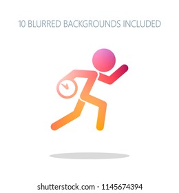 Running man with clock. Simple icon. To be late. An unpleasant situation. Colorful logo concept with simple shadow on white. 10 different blurred backgrounds included
