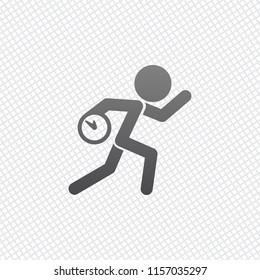 Running Man With Clock. Simple Icon. To Be Late. An Unpleasant Situation. On Grid Background