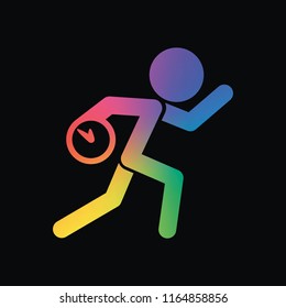 Running man with clock. Simple icon. To be late. An unpleasant situation. Rainbow color and dark background