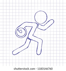 Running man with clock. Simple icon. To be late. An unpleasant situation. Hand drawn picture on paper sheet. Blue ink, outline sketch style. Doodle on checkered background