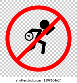 Running man with clock. Simple icon. To be late. An unpleasant situation. Not allowed, black object in red warning sign with transparent background