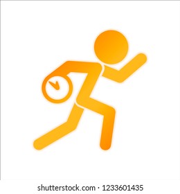 Running man with clock. Simple icon. To be late. An unpleasant situation. Orange sign with low light on white background
