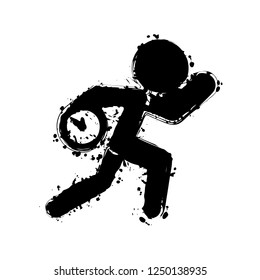 Running man with clock. Simple icon. To be late. An unpleasant situation. Black ink with splashes on white background