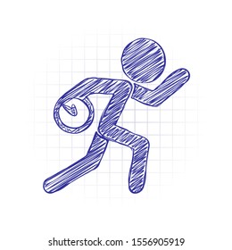 Running man with clock. Simple icon. To be late. An unpleasant situation. Hand drawn sketched picture with scribble fill. Blue ink. Doodle on white background