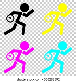 Running Man With Clock. Simple Icon. To Be Late. An Unpleasant Situation. Colored Set Of Cmyk Icons On Transparent Background.