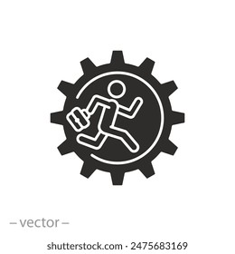 hombre corriendo en el ícono de la rueda dentada, sintiéndose ocupado, esfuerzo o logro en el objetivo del negocio, mente y estrategia del hombre de negocios, símbolo plano en el fondo blanco - Ilustración vectorial