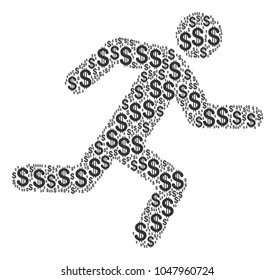 Running Man collage of dollars. Vector dollar pictograms are combined into running man collage.