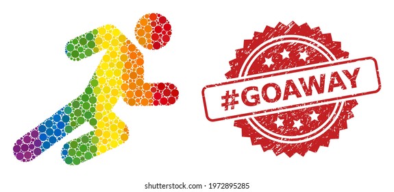 Running man collage icon of spheric dots in different sizes and LGBT colored shades, and hashtag Goaway unclean rosette stamp seal. A dotted LGBT-colored Running man for lesbians, gays, transgenders,