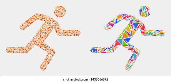 Running man collage icon of triangle elements which have variable sizes and shapes and colors. Geometric abstract vector illustration of running man.