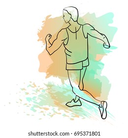 Running man. Color sport poster, print or banner for marathon. Hand drawn sketch vector illustration.