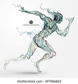 Running man, colored lines drawing, vector illustration.