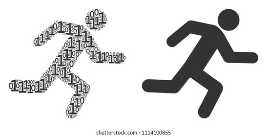Running man composition icon of one and zero digits in various sizes. Vector digital symbols are scattered into running man collage design concept.