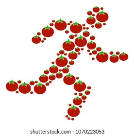 Running Man composition of tomato in different sizes. Vector tomato objects are composed into running man mosaic. Natural vector illustration.