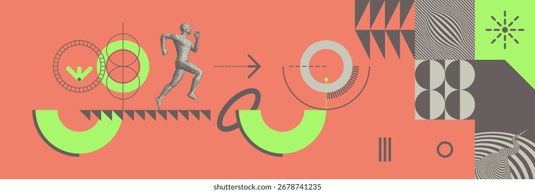 Running man. Concept of leadership, progress and development in time. Striving for the goal. Design for sport. Geometric pattern. Illustration for brochure, poster, cover, presentation or flyer.