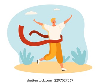 Running man concept. Young guy with red ribbon. Competition and tournament winner, sprinter or marathon runner. Active lifestyle and sports.