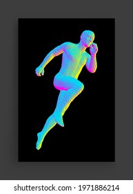 Running man constructing from cubes. Marathon runner. Human body model. Design for sport. Voxel art. 3D vector illustration.