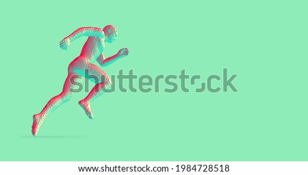 Running man constructing from cubes. Marathon runner. Human body model. Design for sport. Voxel art. 3D vector illustration.