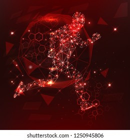 A running man created of lines dots and lights on a dark red background - abstract space and stars - futuristic polygonal wireframe design