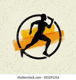 Running Man Creative Vector Sport Icon On Grunge Background With Brush Strokes.