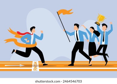 Running man crosses finish line, fellow worker with flag and champion cup flat vector illustration