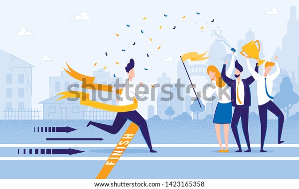Running Man Crosses Finish Line. People Meet\
Firework Man at Finish. From Poverty to Wealth. Achive Goal. Vector\
Illustration. Way to Victory. Financial Stability. Business Plan\
Save Money.