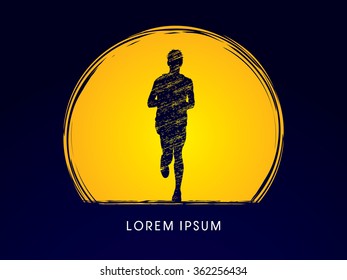 Running Man, designed using grunge brush on grunge circle moonlight background graphic vector.