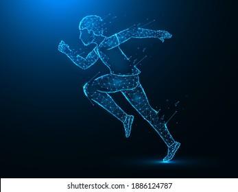 Running man with destruction effect low poly art. Exercise or marathon run polygonal vector illustrations on a blue background.