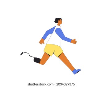 Running man with disability isolated on white background. Participation in sports races, athletic competitions. Marathon, exercise. Jogger with legs prosthesis. Vector illustration.